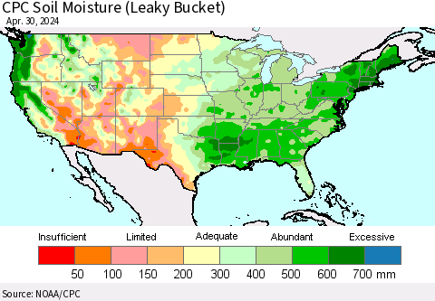 United States CPC Soil Moisture (Leaky Bucket) Thematic Map For 4/26/2024 - 4/30/2024