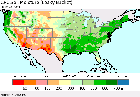 United States CPC Soil Moisture (Leaky Bucket) Thematic Map For 5/21/2024 - 5/25/2024