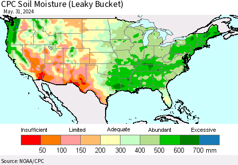 United States CPC Soil Moisture (Leaky Bucket) Thematic Map For 5/26/2024 - 5/31/2024