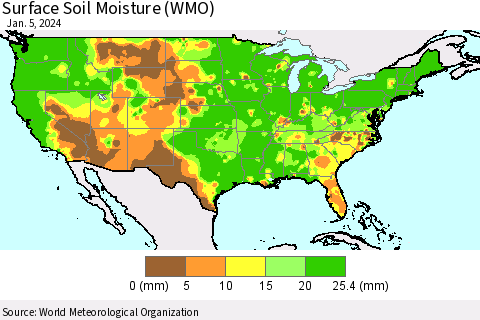 United States Surface Soil Moisture (WMO) Thematic Map For 1/1/2024 - 1/5/2024