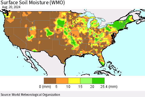 United States Surface Soil Moisture (WMO) Thematic Map For 8/16/2024 - 8/20/2024