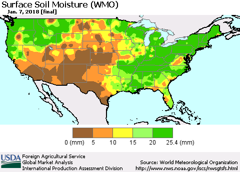 United States Surface Soil Moisture (WMO) Thematic Map For 1/1/2018 - 1/7/2018