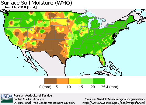 United States Surface Soil Moisture (WMO) Thematic Map For 1/8/2018 - 1/14/2018