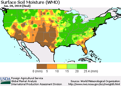 United States Surface Soil Moisture (WMO) Thematic Map For 1/22/2018 - 1/28/2018