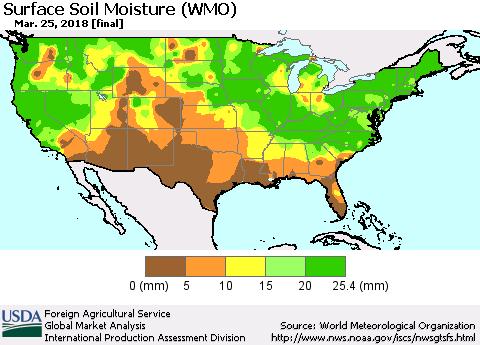 United States Surface Soil Moisture (WMO) Thematic Map For 3/19/2018 - 3/25/2018