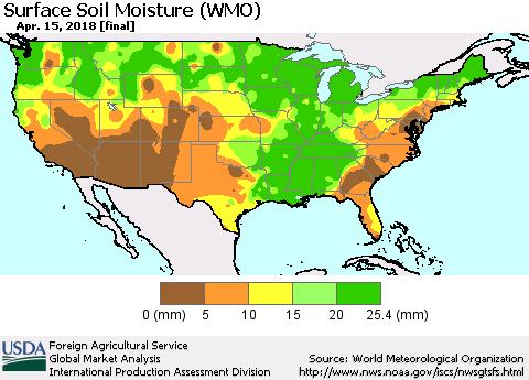 United States Surface Soil Moisture (WMO) Thematic Map For 4/9/2018 - 4/15/2018