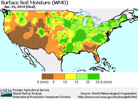 United States Surface Soil Moisture (WMO) Thematic Map For 4/16/2018 - 4/22/2018
