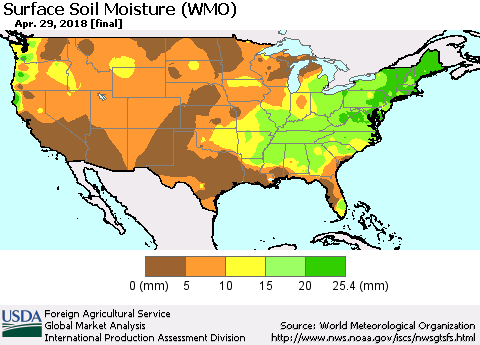 United States Surface Soil Moisture (WMO) Thematic Map For 4/23/2018 - 4/29/2018