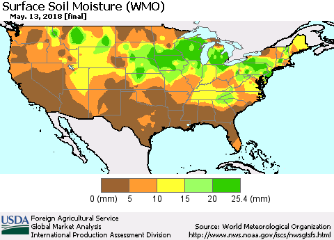 United States Surface Soil Moisture (WMO) Thematic Map For 5/7/2018 - 5/13/2018