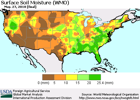 United States Surface Soil Moisture (WMO) Thematic Map For 5/21/2018 - 5/27/2018