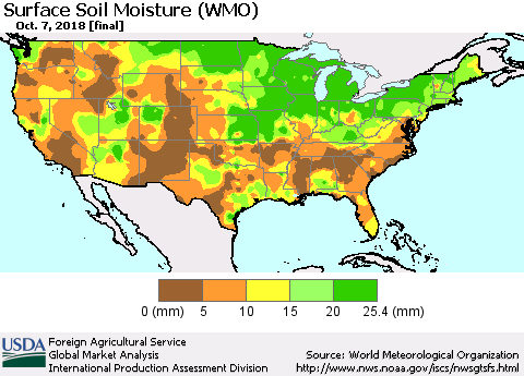 United States Surface Soil Moisture (WMO) Thematic Map For 10/1/2018 - 10/7/2018