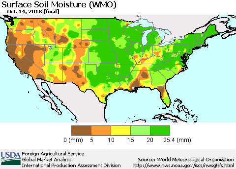 United States Surface Soil Moisture (WMO) Thematic Map For 10/8/2018 - 10/14/2018