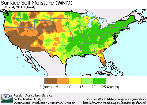 United States Surface Soil Moisture (WMO) Thematic Map For 10/29/2018 - 11/4/2018