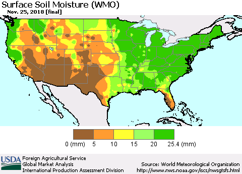 United States Surface Soil Moisture (WMO) Thematic Map For 11/19/2018 - 11/25/2018