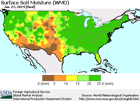 United States Surface Soil Moisture (WMO) Thematic Map For 1/21/2019 - 1/27/2019