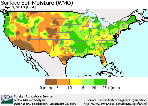 United States Surface Soil Moisture (WMO) Thematic Map For 4/1/2019 - 4/7/2019