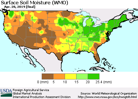 United States Surface Soil Moisture (WMO) Thematic Map For 4/22/2019 - 4/28/2019