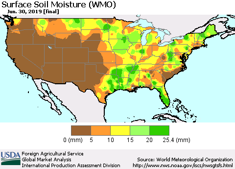United States Surface Soil Moisture (WMO) Thematic Map For 6/24/2019 - 6/30/2019