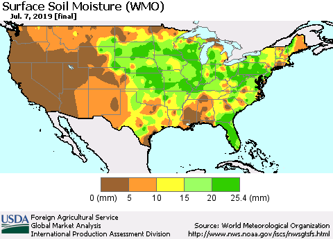United States Surface Soil Moisture (WMO) Thematic Map For 7/1/2019 - 7/7/2019