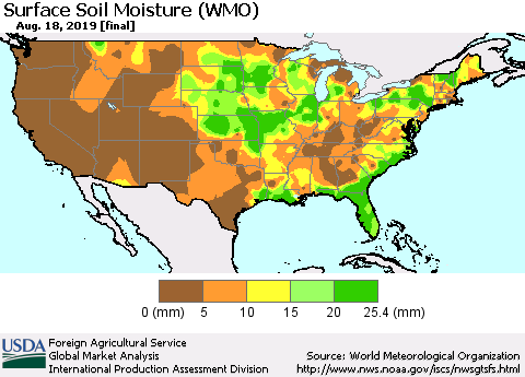 United States Surface Soil Moisture (WMO) Thematic Map For 8/12/2019 - 8/18/2019