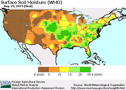 United States Surface Soil Moisture (WMO) Thematic Map For 8/19/2019 - 8/25/2019