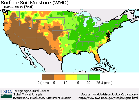 United States Surface Soil Moisture (WMO) Thematic Map For 10/28/2019 - 11/3/2019