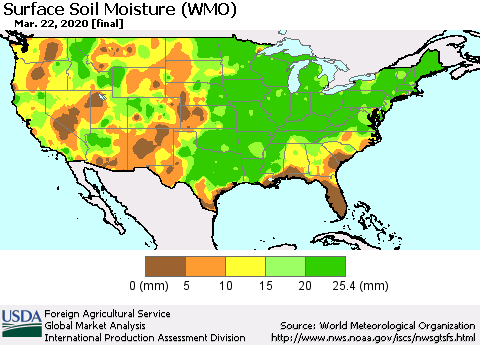 United States Surface Soil Moisture (WMO) Thematic Map For 3/16/2020 - 3/22/2020