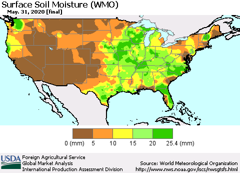 United States Surface Soil Moisture (WMO) Thematic Map For 5/25/2020 - 5/31/2020
