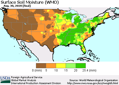 United States Surface Soil Moisture (WMO) Thematic Map For 8/24/2020 - 8/30/2020