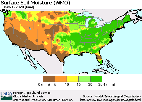 United States Surface Soil Moisture (WMO) Thematic Map For 10/26/2020 - 11/1/2020