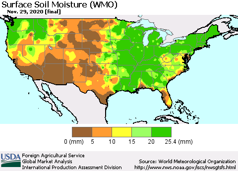 United States Surface Soil Moisture (WMO) Thematic Map For 11/23/2020 - 11/29/2020