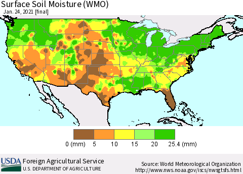 United States Surface Soil Moisture (WMO) Thematic Map For 1/18/2021 - 1/24/2021