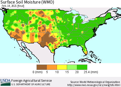United States Surface Soil Moisture (WMO) Thematic Map For 2/8/2021 - 2/14/2021