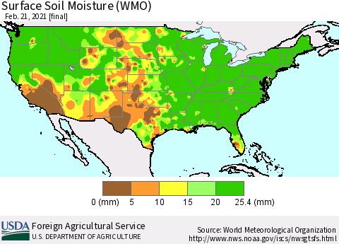 United States Surface Soil Moisture (WMO) Thematic Map For 2/15/2021 - 2/21/2021