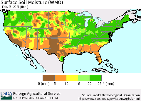 United States Surface Soil Moisture (WMO) Thematic Map For 2/22/2021 - 2/28/2021