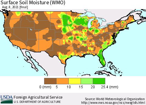 United States Surface Soil Moisture (WMO) Thematic Map For 8/2/2021 - 8/8/2021
