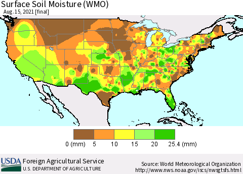 United States Surface Soil Moisture (WMO) Thematic Map For 8/9/2021 - 8/15/2021