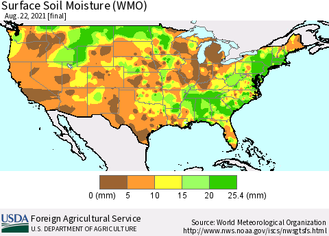 United States Surface Soil Moisture (WMO) Thematic Map For 8/16/2021 - 8/22/2021