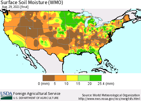 United States Surface Soil Moisture (WMO) Thematic Map For 8/23/2021 - 8/29/2021