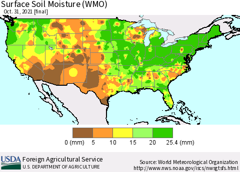 United States Surface Soil Moisture (WMO) Thematic Map For 10/25/2021 - 10/31/2021