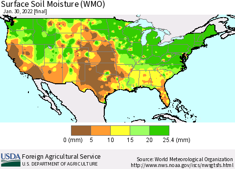 United States Surface Soil Moisture (WMO) Thematic Map For 1/24/2022 - 1/30/2022