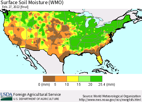 United States Surface Soil Moisture (WMO) Thematic Map For 2/21/2022 - 2/27/2022