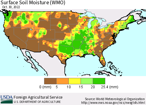 United States Surface Soil Moisture (WMO) Thematic Map For 10/24/2022 - 10/30/2022