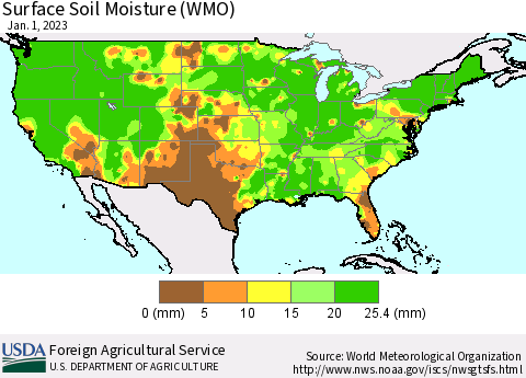 United States Surface Soil Moisture (WMO) Thematic Map For 12/26/2022 - 1/1/2023