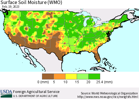 United States Surface Soil Moisture (WMO) Thematic Map For 2/13/2023 - 2/19/2023