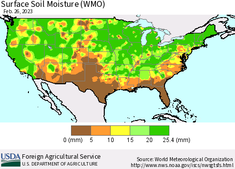 United States Surface Soil Moisture (WMO) Thematic Map For 2/20/2023 - 2/26/2023