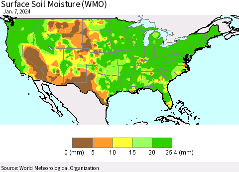 United States Surface Soil Moisture (WMO) Thematic Map For 1/1/2024 - 1/7/2024