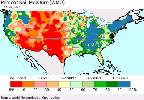 United States Percent Soil Moisture (WMO) Thematic Map For 1/21/2022 - 1/25/2022