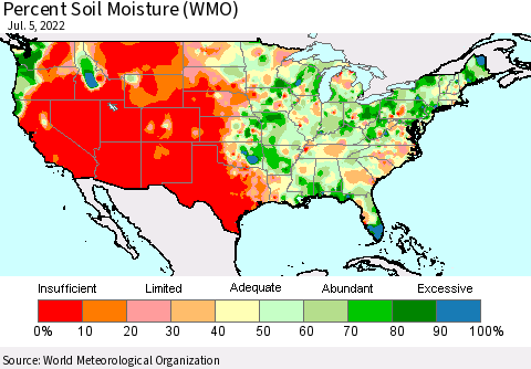 United States Percent Soil Moisture (WMO) Thematic Map For 7/1/2022 - 7/5/2022