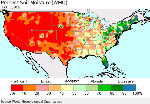 United States Percent Soil Moisture (WMO) Thematic Map For 10/26/2022 - 10/31/2022